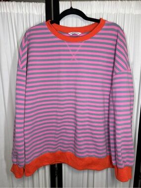 Pink & Gray Striped Women’s long sleeve pullover with Orange Trim